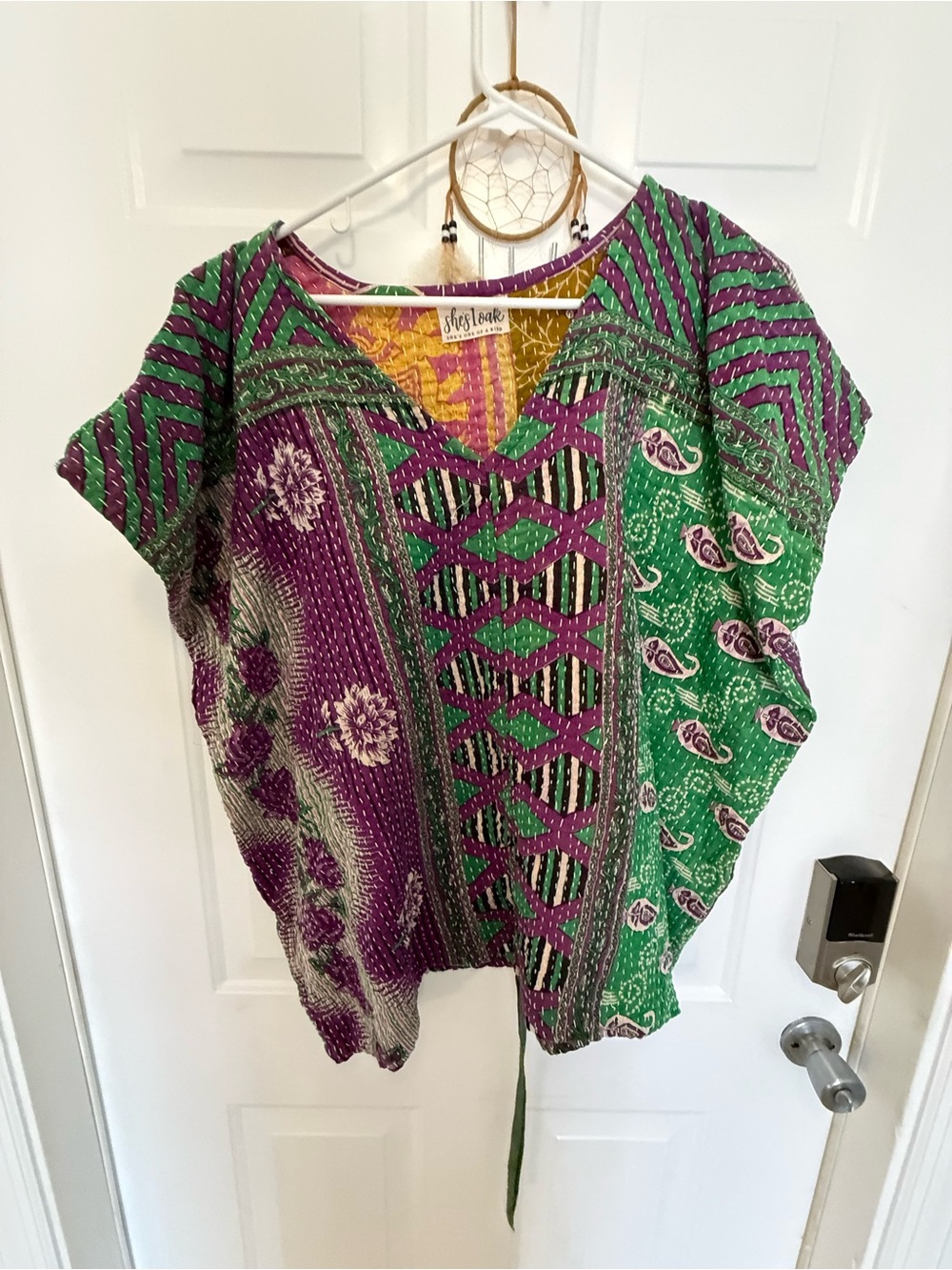 Green & Purple Kantha Patterned Women's Top